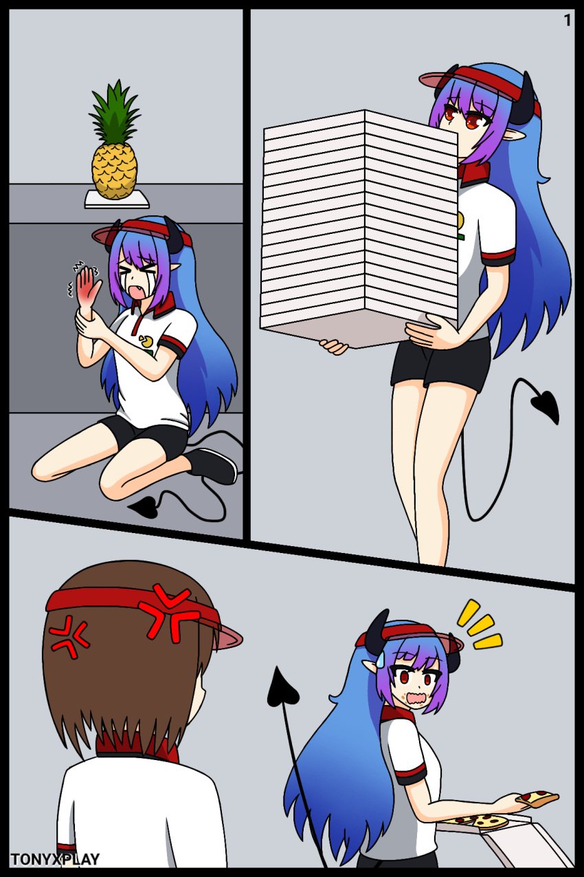 1girls blue_hair comic comic_page comic_panel demon demon_girl demon_horns demon_tail double_color_hair eating mikanory_sucubo original_character pizza pizza_box purple_hair red_eyes shorts succubus succubus_horns succubus_tail t-shirt tony_x_play tonyxplay