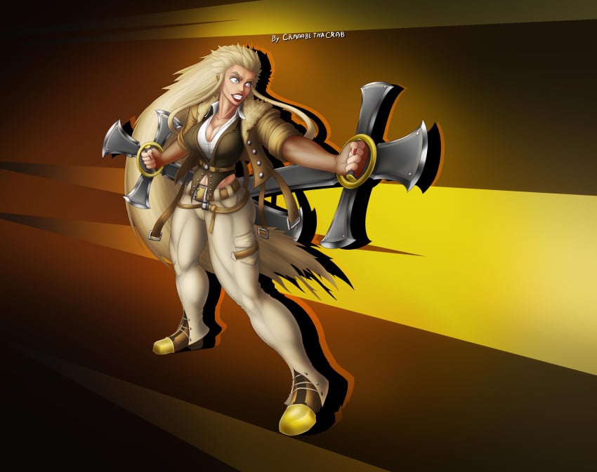 abs athletic athletic_female back_muscles biceps big_breasts big_muscles big_thighs blonde_hair breasts craaabe crazy_eyes genderswap_(mtf) guilty_gear_strive jacket large_breasts leo_whitefang long_hair mane_hair massive_breasts nipples rule63 shoulders toned toned_body triceps