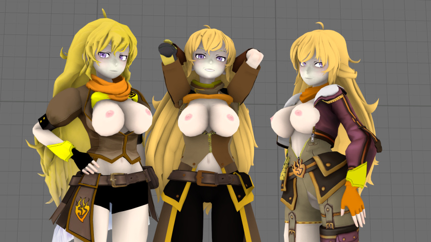 1girls 3d 3girls arms_behind_head blonde_hair blue_eyes breasts breasts_out burstingseas clone female gauntlets human looking_at_viewer midriff multiple_versions navel nipples open_shirt overalls rwby sensual skirt smile source_filmmaker tagme yang_xiao_long