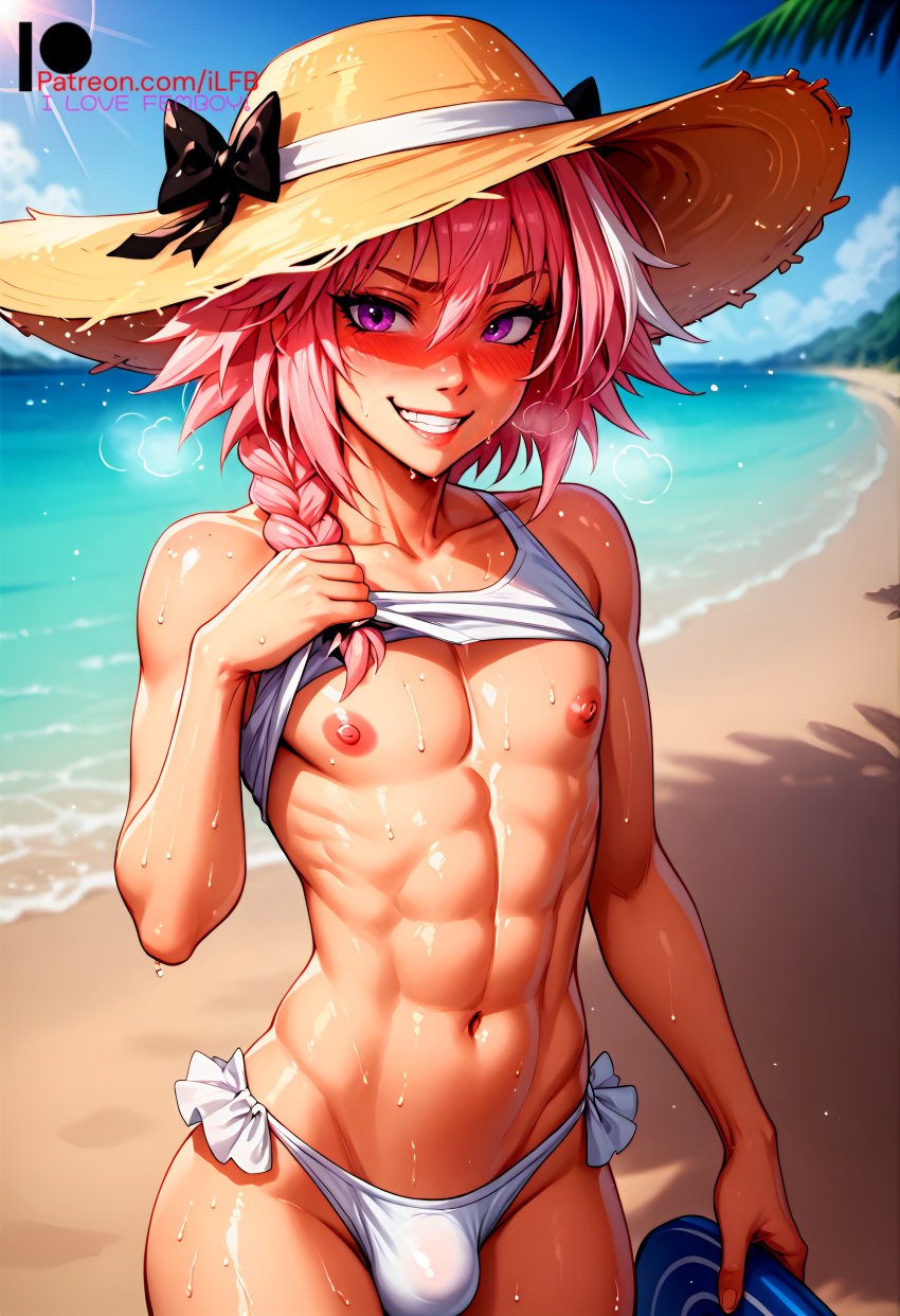 1boy ai_generated astolfo_(fate) beach bikini_bottom bulge bulge_through_clothing fate_(series) femboy ilfb long_hair looking_at_viewer male male_only panties pink_hair purple_eyes smile smiling solo trap