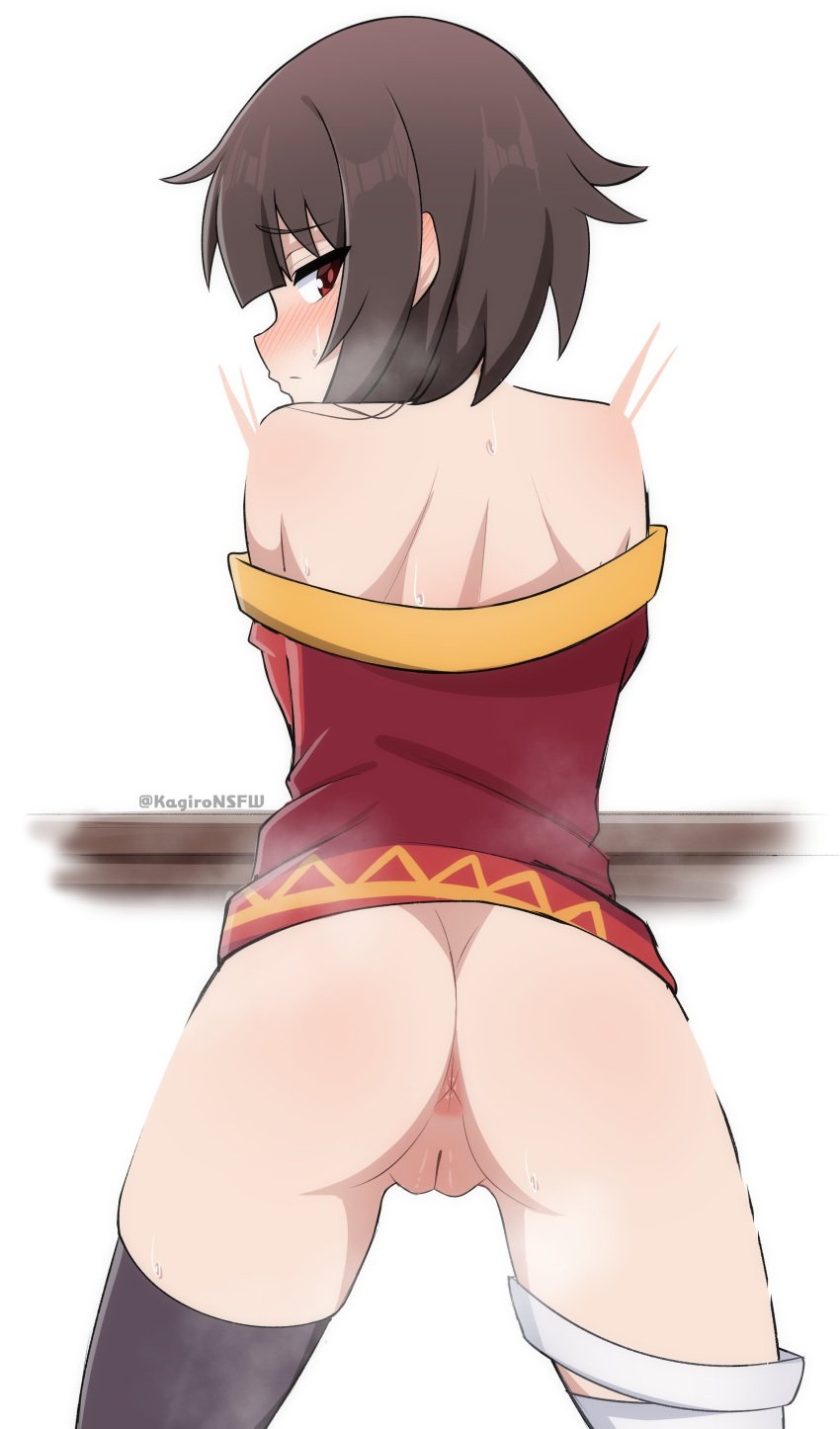 absurdres anus ass bandaged_leg bandages black_thighhighs brown_hair female from_behind highres kagironsfw kono_subarashii_sekai_ni_shukufuku_wo! looking_at_viewer megumin pussy red_eyes short_hair single_thighhigh solo thighhighs