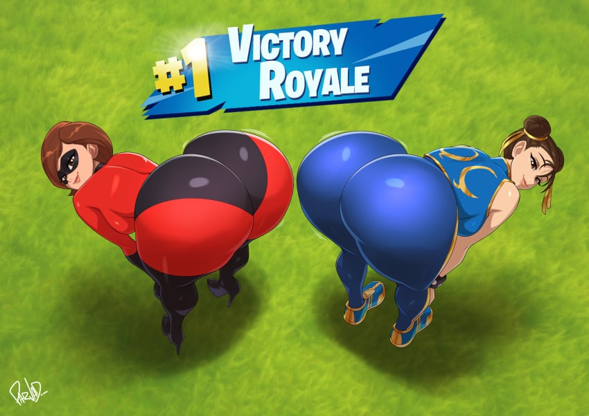 2girls absurd_res ass chun-li chun-li_(fortnite) english_text female female_only fortnite helen_parr hi_res large_ass leaning_forward looking_at_viewer looking_back parvad street_fighter text the_incredibles