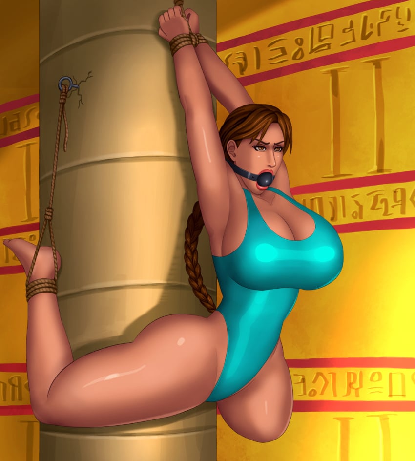 2d big_breasts braid breasts brown_eyes brown_hair busty female female_focus female_only hourglass_figure lara_croft lara_croft_(classic) large_breasts long_hair rope rope_bondage svoidist tagme tied_up tomb_raider wide_hips