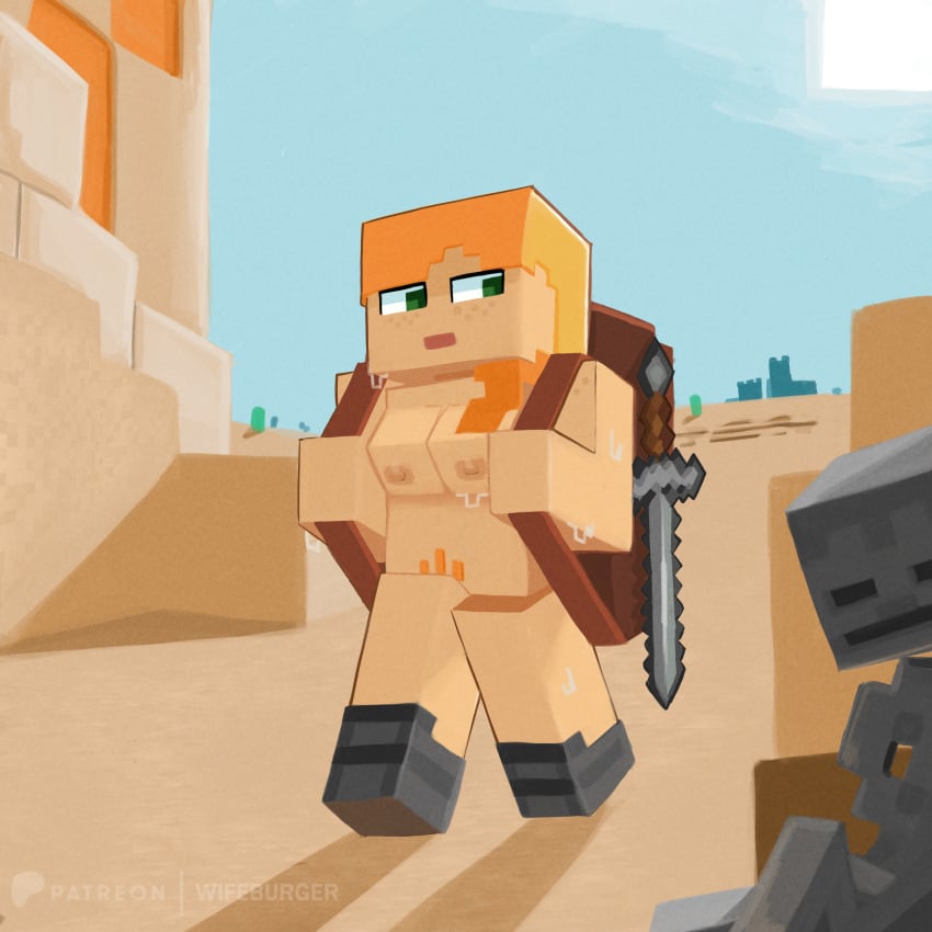 1girls alex_(minecraft) backpack desert freckles minecraft nipples nude pubic_hair public_nudity skeleton skeleton_(minecraft) sweat sweaty sword wifeburger