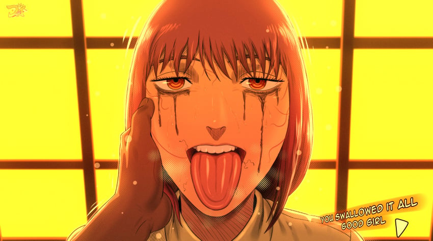 1boy 1girls arms_behind_head big_breasts camera_view chainsaw_man company_connection d-art female female_focus female_only large_breasts looking_at_viewer makima_(chainsaw_man) open_mouth red_hair runny_makeup shounen_jump shueisha streamer tongue_out weekly_shonen_jump