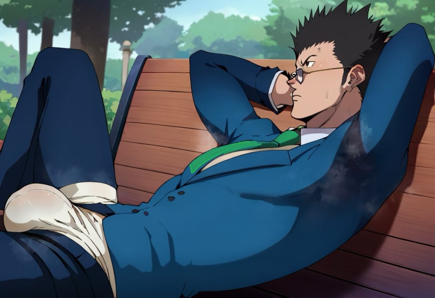 1boy ai_generated bulge business_suit gay hunter_x_hunter leorio_paladiknight musk outdoors public steam suit sweat sweating underwear