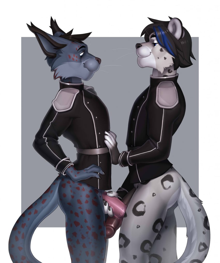 anthro bottomless clothed clothing duo felid feline genitals hi_res holding_penis humanoid_genitalia humanoid_penis lynx male male/male mammal meheheehehe pantherine penile_spines penis smile snow_leopard standing