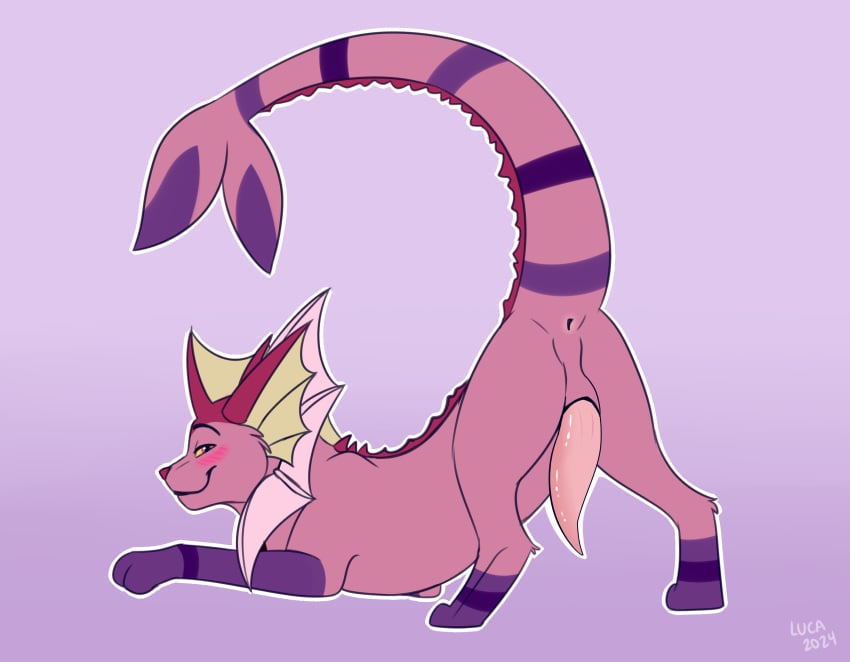 2024 absurd_res animal_genitalia anus ass ass_up bedroom_eyes blush caraluca digital_drawing_(artwork) digital_media_(artwork) eeveelution erection fan_character feral generation_1_pokemon genital_slit genitals hi_res inviting looking_at_viewer looking_back looking_back_at_viewer male narrowed_eyes nintendo penis pokemon pokemon_(species) presenting presenting_hindquarters raised_tail rear_view seductive signature simple_background smile smiling_at_viewer solo tail tapering_penis vaporeon