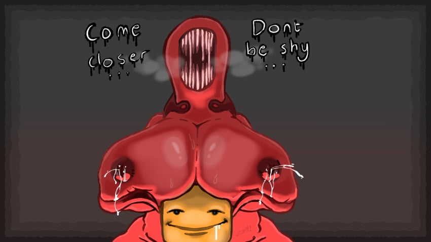 1boy 1girls 2d 2d_(artwork) 2d_artwork chubby chubby_female imaginary_friend_(pressure) inviting lactation large_breasts milk open_mouth pressure_(roblox) red_skin roblox roblox_game sharp_teeth sweat tagme text