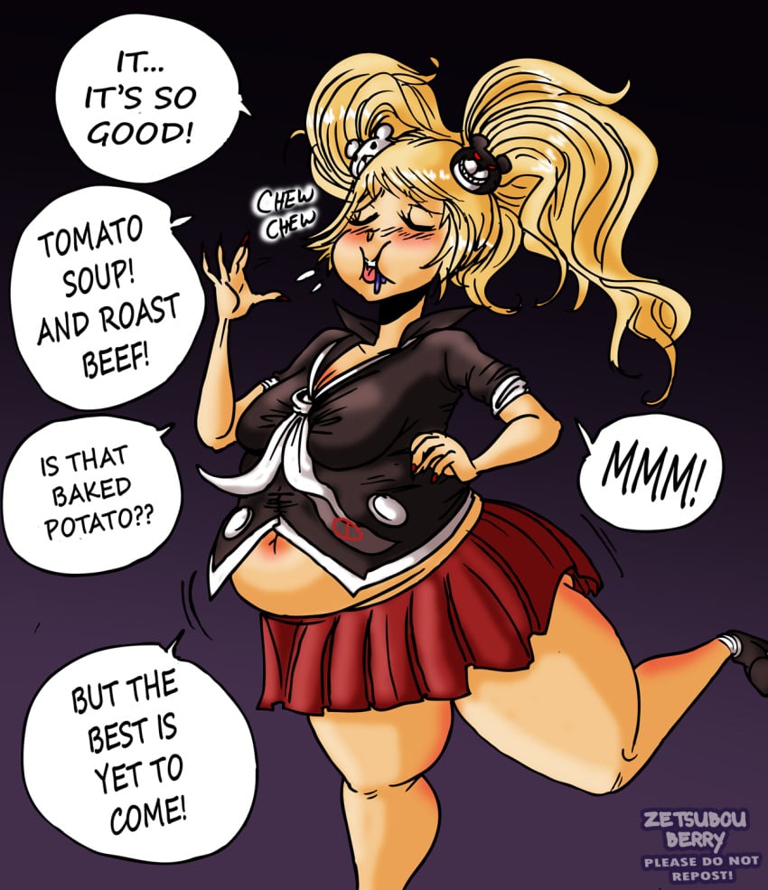 1girls ass_expansion belly_expansion belly_exposed belly_inflation big_belly blueberry_inflation blush cheeks_full danganronpa drooling eating enoshima_junko eyes_closed hairclip junko_enoshima sequence skirt speech_bubble tagme thighs tie