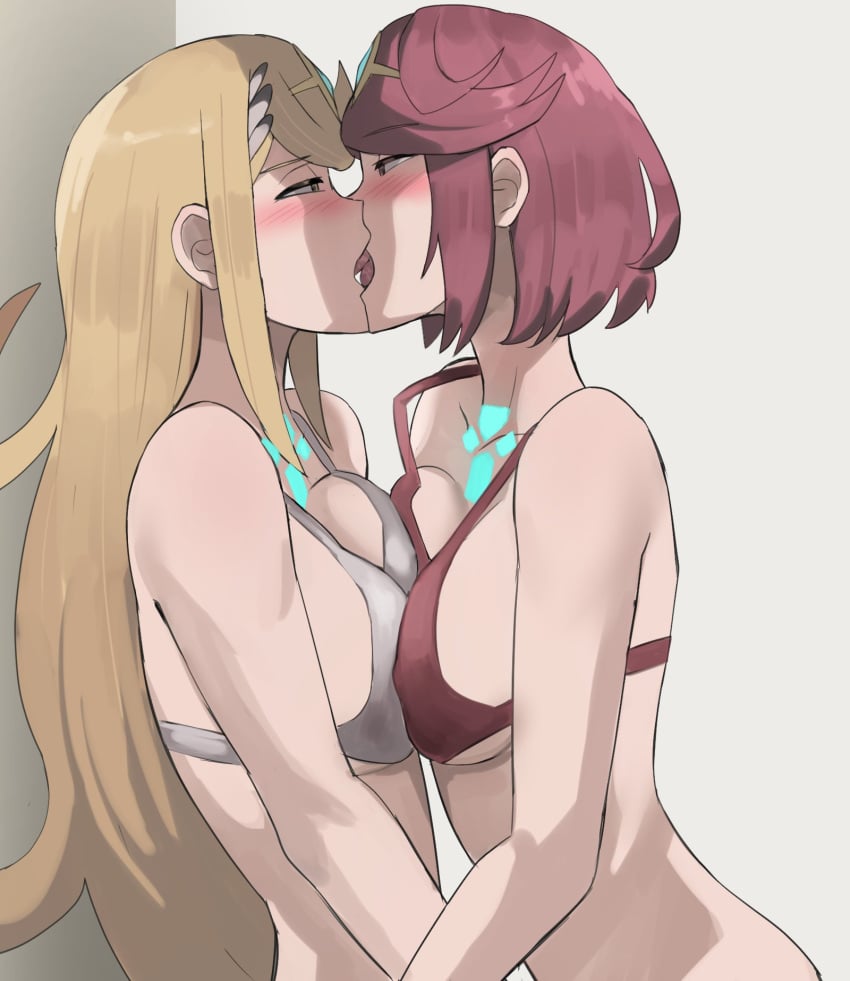 2girls against_wall big_breasts bikini blonde_hair blush breast_press breasts cleavage core_crystal female female_focus female_only french_kiss french_kissing horny huge_breasts jourd4n kiss kissing large_breasts long_hair looking_at_viewer medium_breasts mythra naked nintendo only_female pyra red_bikini red_eyes red_hair red_swimsuit short_hair swimsuit symmetrical_docking tiara underwear white_bikini white_swimsuit xenoblade_(series) xenoblade_chronicles_2 yellow_eyes yuri