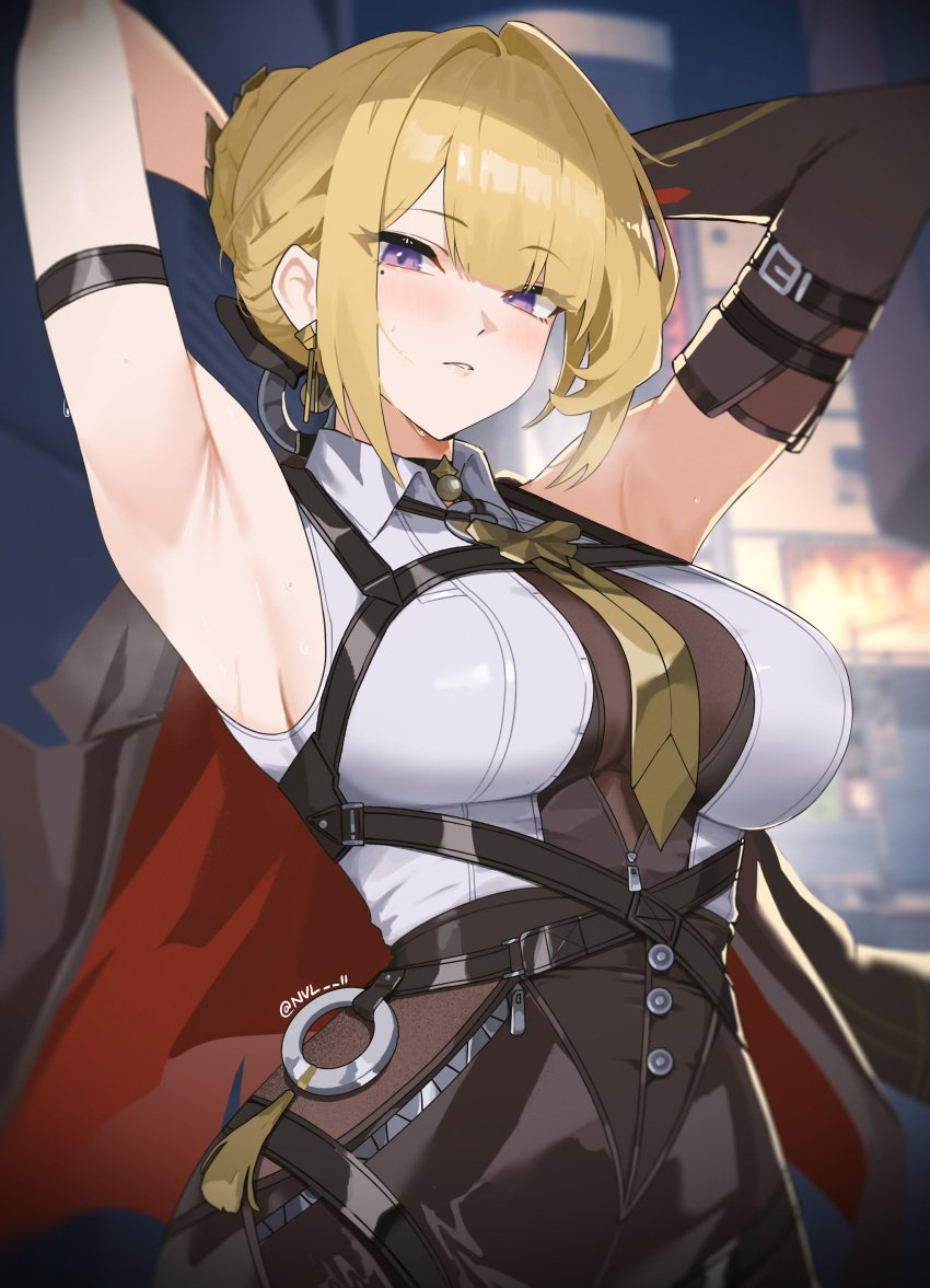 1girls armpits arms_up beauty_mark beauty_mark_under_eye big_breasts blonde_female blonde_hair busty clothed evelyn_chevalier female female_only hoyoverse large_breasts light-skinned_female light_skin mihoyo mihoyo_technology_(shanghai)_co._ltd. mole mole_under_eye mostly_clothed nvl stars_of_lyra tagme tight_clothing zenless_zone_zero