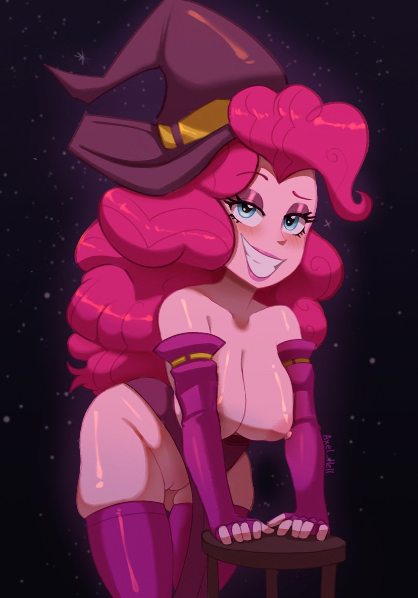 2024 axel_hell big_breasts blue_eyes blush breasts equestria_girls female female_only fingerless_gloves friendship_is_magic hasbro long_gloves long_hair my_little_pony nipples pink_body pink_eyeshadow pink_hair pink_lips pink_lipstick pink_skin pinkie_pie_(mlp) purple_background pussy smiling stool thighhighs thighs witch_hat