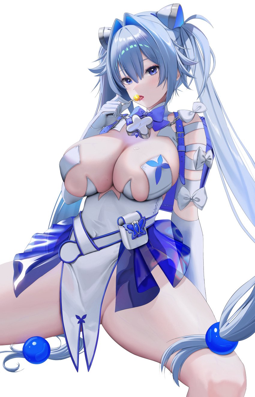 absurdres blue_bow blue_eyes blue_hair bow breasts candy cleavage detached_sleeves female food goddess_of_victory:_nikke gretel_(nikke) hair_between_eyes hair_intakes hair_ornament highres hing_(pixiv_93969166) large_breasts leotard licking lollipop long_hair looking_at_viewer no_panties ribbon see-through_clothes see-through_skirt skirt solo spread_legs thighs twintails white_background white_ribbon