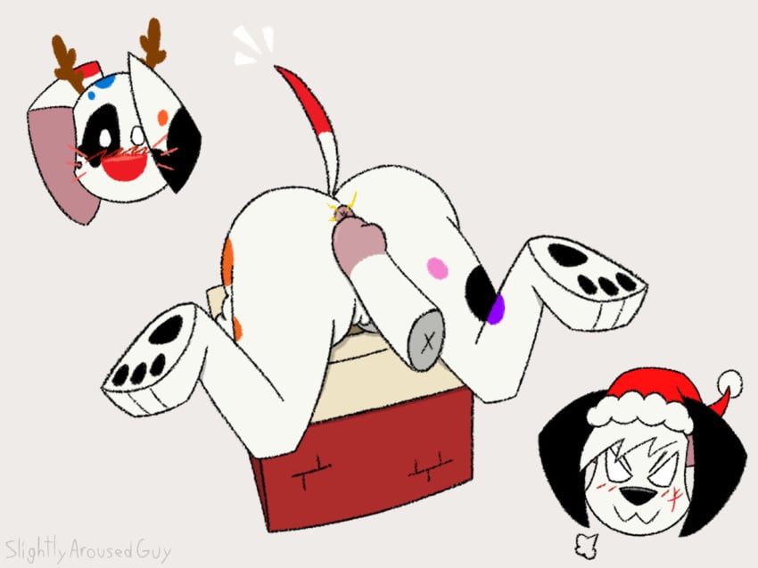 >:3 101_dalmatian_street 101_dalmatians 4:3 akira_tasuki_(xxghostwolf1988xx) anthro antler_headband ass ass_up big_butt blush canid canine canis christmas christmas_clothing christmas_headwear clothing da_vinci_(101_dalmatians) dalmatian dipstick_tail disney domestic_dog duo expressions facial_scar female genitals hat headgear headwear holidays hybrid lewdmas male mammal markings penis pussy red_nose santa_hat scar slightlyarousedguy spots stuck stuck_in_chimney tail tail_markings