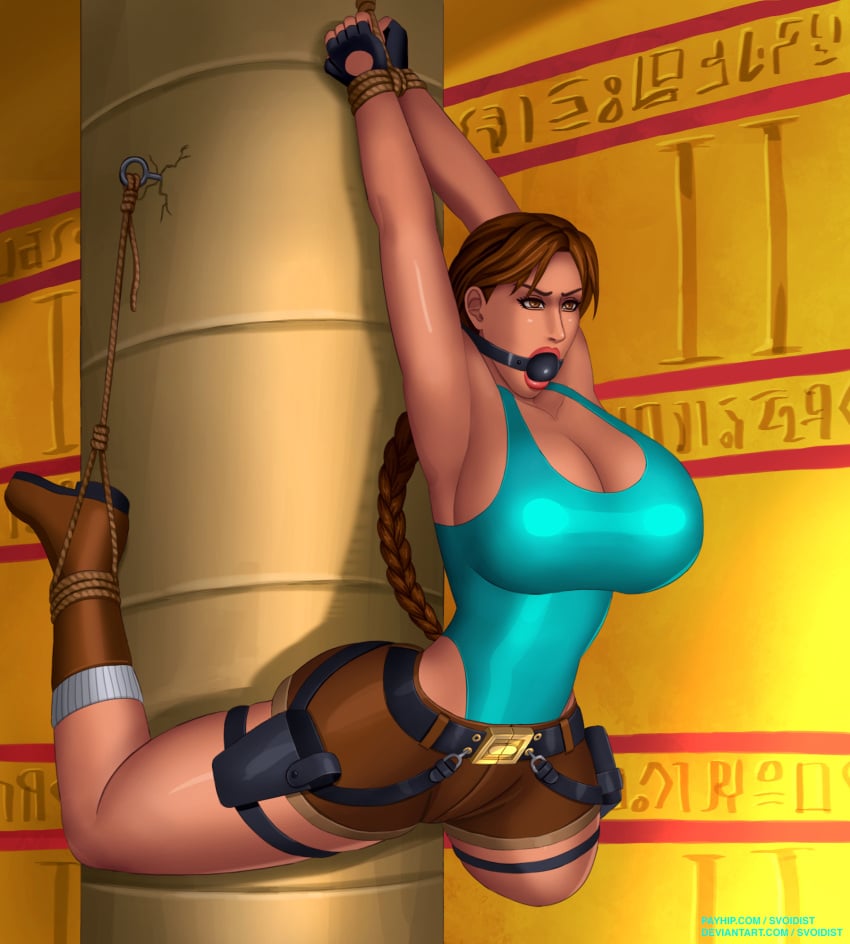 2d big_breasts braid breasts brown_eyes brown_hair busty female female_focus female_only hourglass_figure lara_croft lara_croft_(classic) large_breasts long_hair rope rope_bondage svoidist tagme tied_up tomb_raider wide_hips