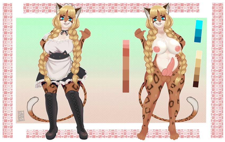 anthro braided_hair breasts clothing domestic_cat felid feline felis front_view fur futanari hair hi_res intersex knot long_hair maid_uniform mammal model_sheet nude pastel sheet_(disambiguation) solo spots spotted_body spotted_fur sukendo uniform