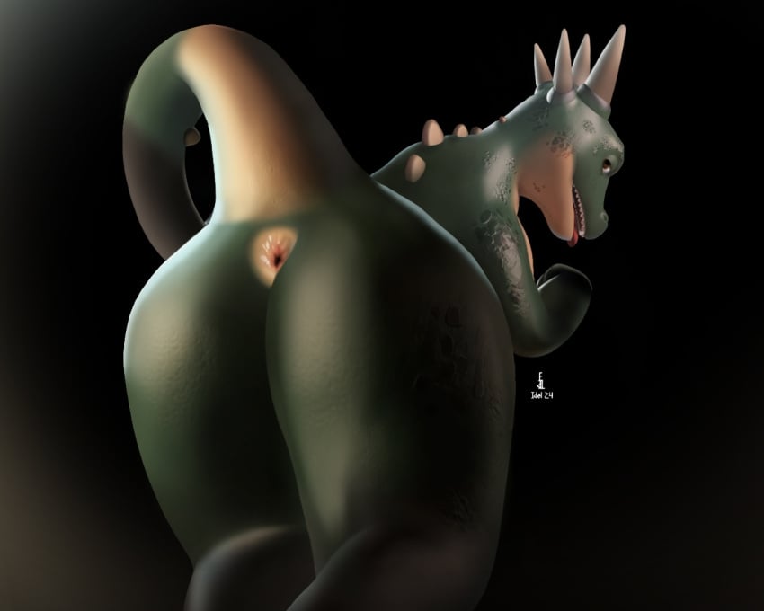 5:4 anthro anus ass back_spikes bent_over big_butt horn idel kale_(critterclaws) kobold looking_back male scales scalie solo spikes spikes_(anatomy) tail teeth tongue tongue_out