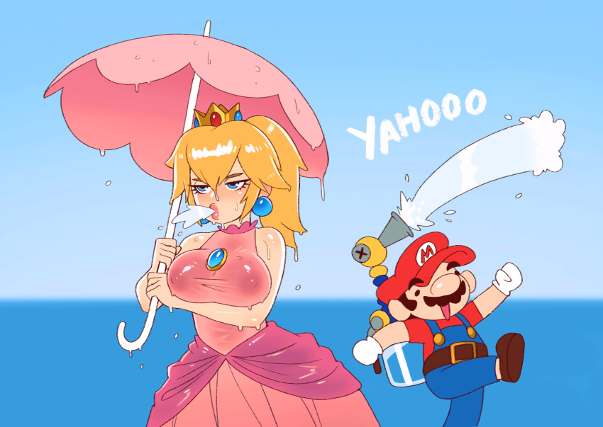 1boy 1girls annoyed_expression areolae bad_id bad_twitter_id big_breasts breasts female female_focus fludd fully_clothed large_breasts male mario mario_(series) nintendo nipples princess_peach rizdraws see-through_top super_mario_sunshine umbrella wet wet_clothes year_request