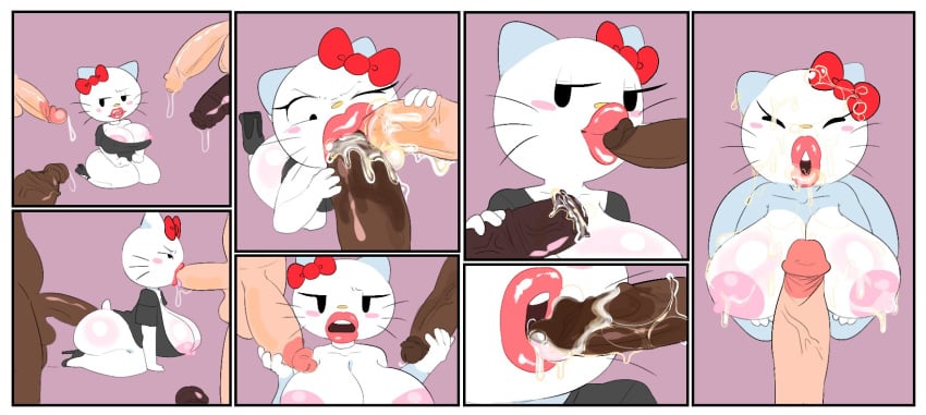 bimbo bimbo_lips bimbofication blowjob blowjob_face choking choking_on_cock comic comic_panel cum_in_mouth cum_on_breasts cum_on_face double_penetration eyes_closed female hello_kitty hello_kitty_(character) hello_kitty_(series) holding_penis kissing_penis leaking_cum lipstick long_penis multiple_boys savagensfw wet_body