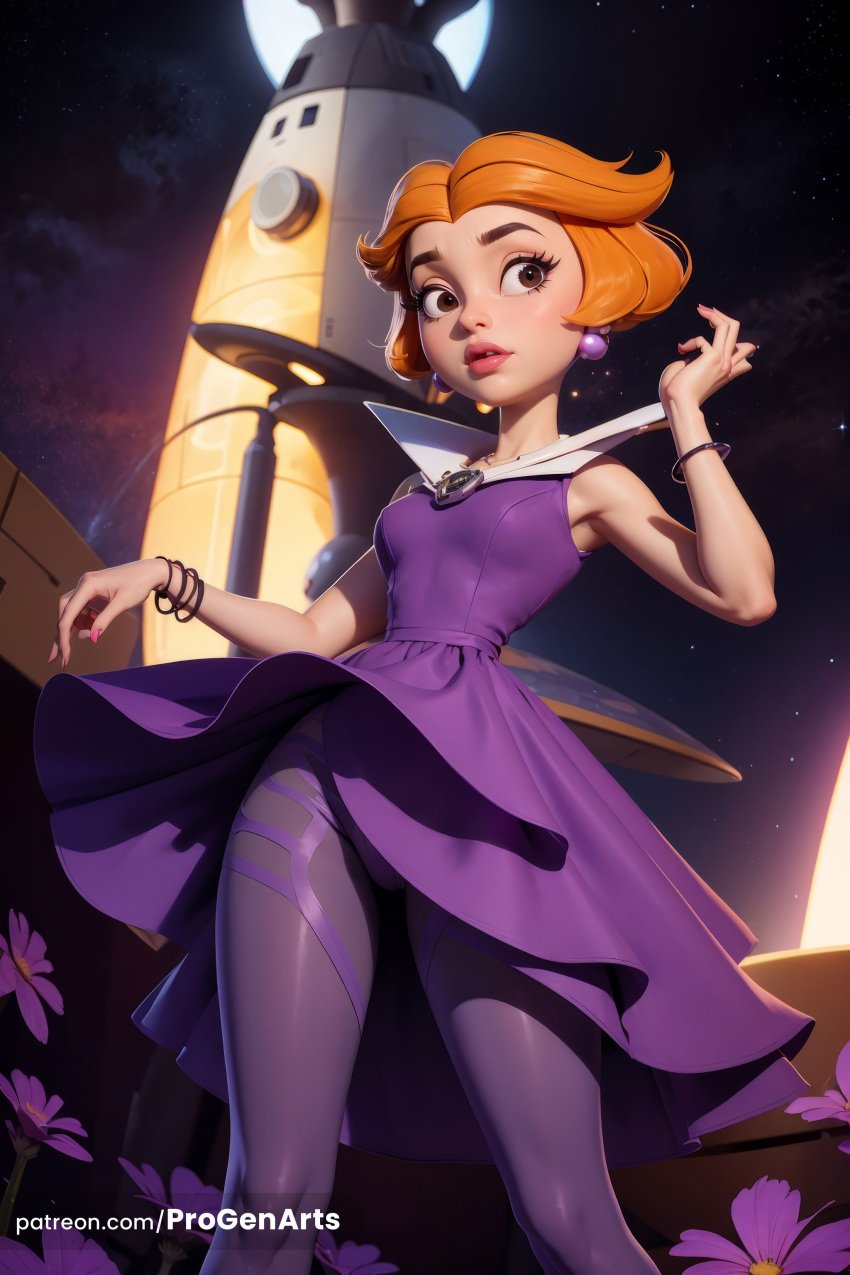 1girls ai_generated bracelet breasts brown_eyes dress earrings flower hanna-barbera hi_res jane_jetson jewelry lips looking_at_viewer nail_polish night orange_hair panties pantyhose progenarts purple_dress short_hair sky small_breasts solo star_\(sky\) starry_sky the_jetsons underwear