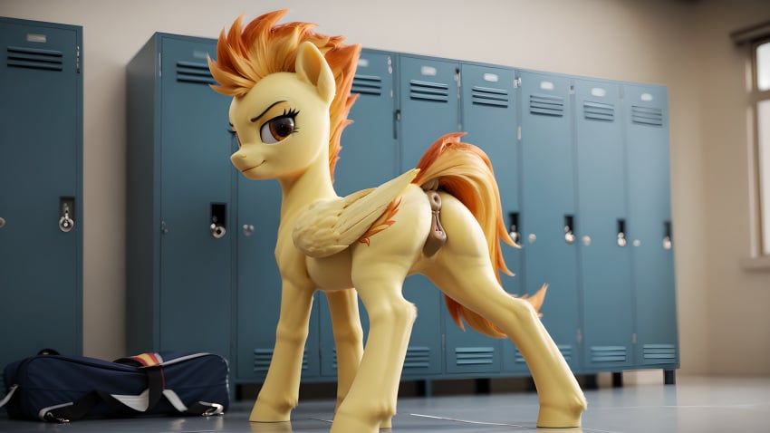 3d ai_generated anatomically_correct anatomically_correct_genitalia anatomically_correct_pussy animal_genitalia animal_pussy anus equine_genitalia equine_pussy female feral friendship_is_magic hasbro hooves my_little_pony orange_hair pegasus pussy solo spitfire_(mlp) tail yellow_body yellow_fur