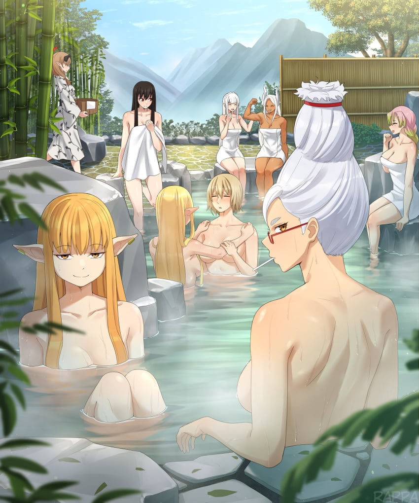 6+girls 9girls absurdres artist_name ayase_seiko bamboo bangs biceps black_hair blonde_hair blush breasts character_request dandadan dark-skinned_female dark_skin demon_slayer dungeon_meshi ear_piercing earrings elf elf_ears elf_female emilia_(re:zero) falin_touden female female_only flexing glasses green_hair highres kanroji_mitsuri kimono large_breasts light-skinned_female light_skin long_hair looking_at_viewer marcille_donato miruko mountain multicolored_hair nude nude_female onsen orange_eyes outdoors partially_submerged pink_hair pointy_ears rabbit rabbit_ears rabbit_girl rappa re:zero_kara_hajimeru_isekai_seikatsu red_eyes rock rumi_usagiyama serie_(sousou_no_frieren) short_hair sideboob sousou_no_frieren steam towel towel_only two_tone_hair water watermark wet wet_skin white_hair