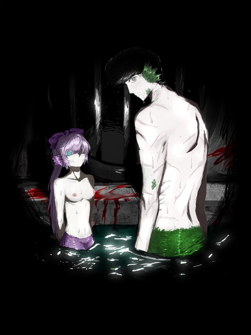 1boy black_hair blood blood_splatter breasts breasts_out female monogum1 nipples nono_(pretty_blood) pretty_blood purple_hair sadny_bin_(pretty_blood) siren tits_out water