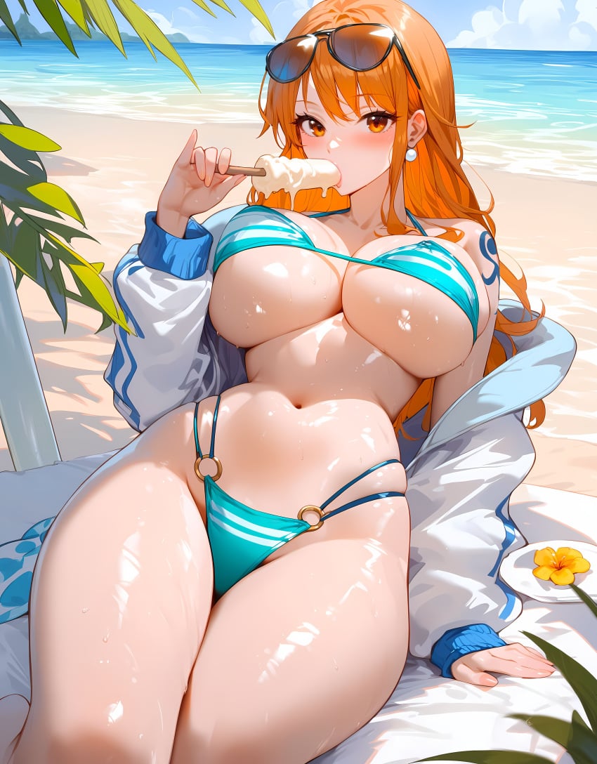 1girls ai_generated bare_arms bare_legs bare_shoulders bare_thighs big_breasts bikini bikini_bottom bikini_top blush clothed clothing color eating female female_focus female_only hi_res ice_cream large_breasts light-skinned_female light_skin long_hair looking_at_viewer nami nami_(one_piece) one_piece orange_eyes orange_hair rorono_makuto shounen_jump solo solo_female tagme thick_thighs