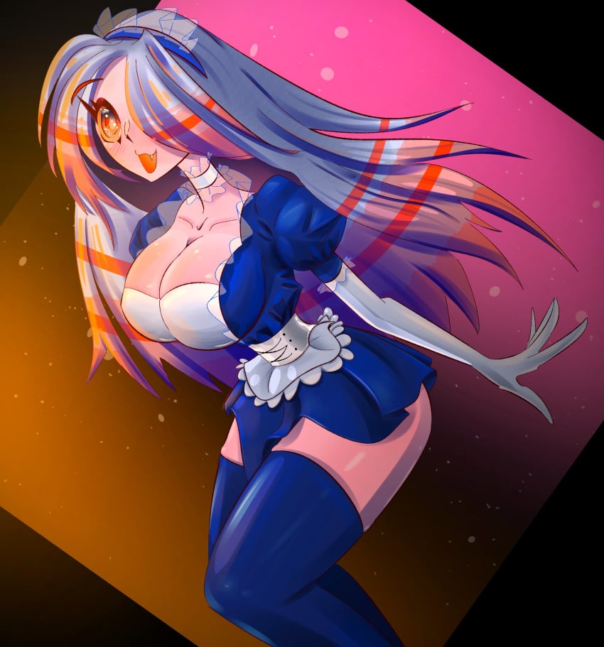 :3 :3d :d angry8ball anime_style big_breasts blue_clothing blue_hair choker cleavage colorful cute cute_fang dress female gloves happy lace lace_trim maid maid_headdress maid_uniform monster_girl oc orange_eyes orange_hair pink_skin puffy_sleeves stripes thick_thighs thighhighs thighs thin_waist wide_hips