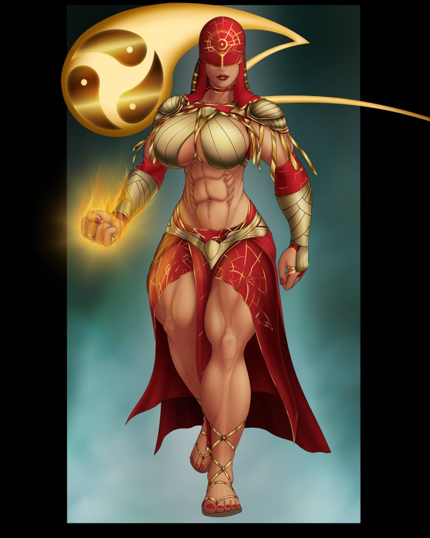 abs athletic athletic_female back_muscles biceps big_breasts big_muscles big_pecs big_thighs breasts craaabe dreadlocks dungeons_and_dragons face_mask female_only fire huge_breasts large_breasts massive_breasts monk muscle_girl strong_woman thighs toned toned_body triceps