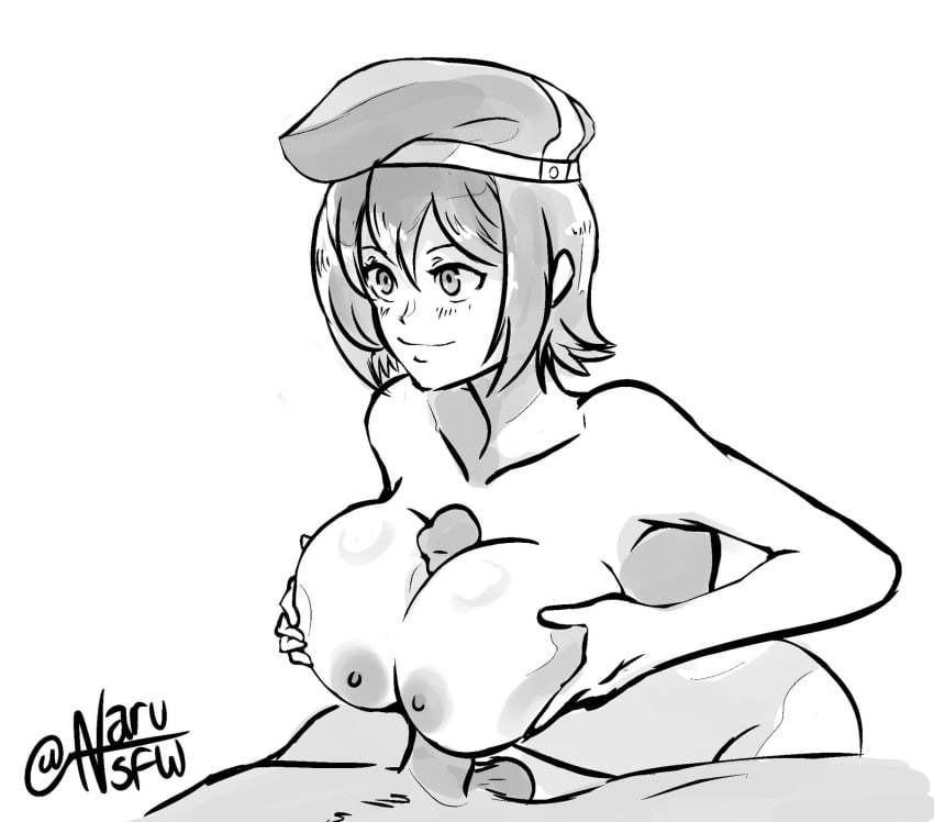 1boy 1girls ao_no_kiseki areolae beret big_penis breasts eiyuu_densetsu female grabbing_own_breast hat leaning_forward naru_nsfw nipples noel_seeker nude paizuri penis short_hair sketch testicles zero_no_kiseki