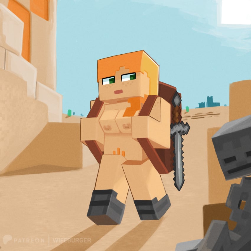 1girls alex_(minecraft) backpack cubic_breasts desert minecraft nipples nude pubic_hair public_nudity skeleton skeleton_(minecraft) sword wifeburger