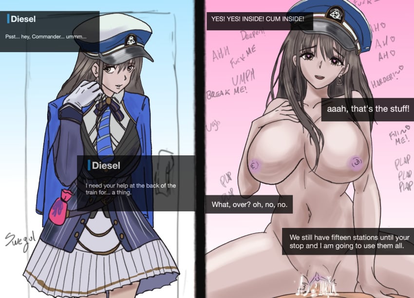 1boy 1boy1girl 1girls 2koma big_breasts brown_eyes brown_hair commander_(nikke) cum cum_inside dialogue diesel_(nikke) english_text goddess_of_victory:_nikke hat jacket long_hair looking_at_viewer pov straight swegul text