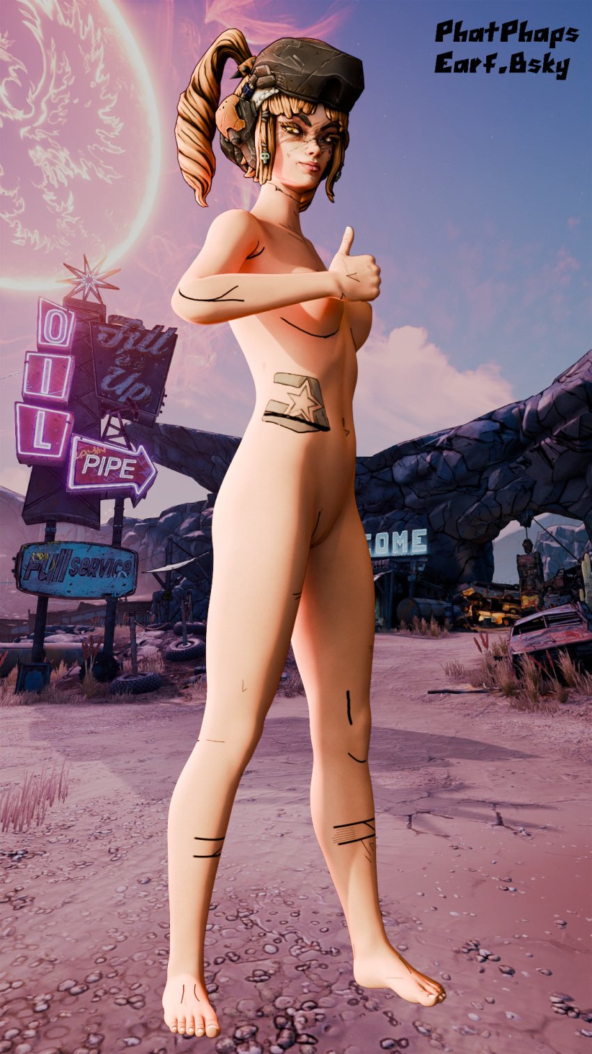 3d borderlands borderlands_3 female female_only hat_only moze_(borderlands) nude_female phatphaps public_nudity shaved_pussy small_breasts tattoo_on_belly thumbs_up