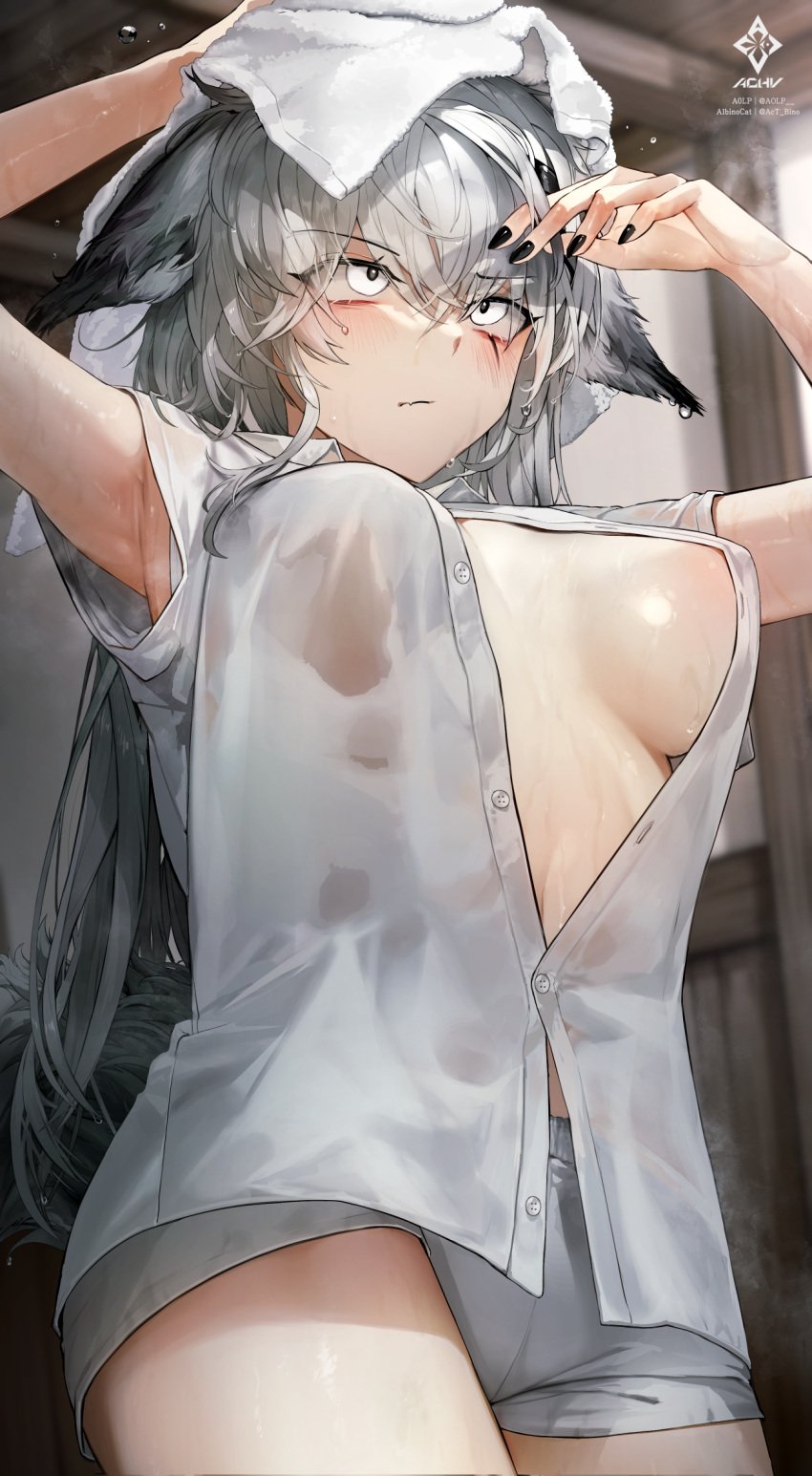 1girls 2024 after_bath animal_ears arknights armpits arms_up artist_name bare_breasts bath bathing blush hi_res kemonomimi lappland_(arknights) light-skinned_female light_skin long_hair medium_breasts messy messy_hair no_bra pants solo solo_focus standing team_achv upper_body wet wet_body white_hair wolf_ears wolf_girl