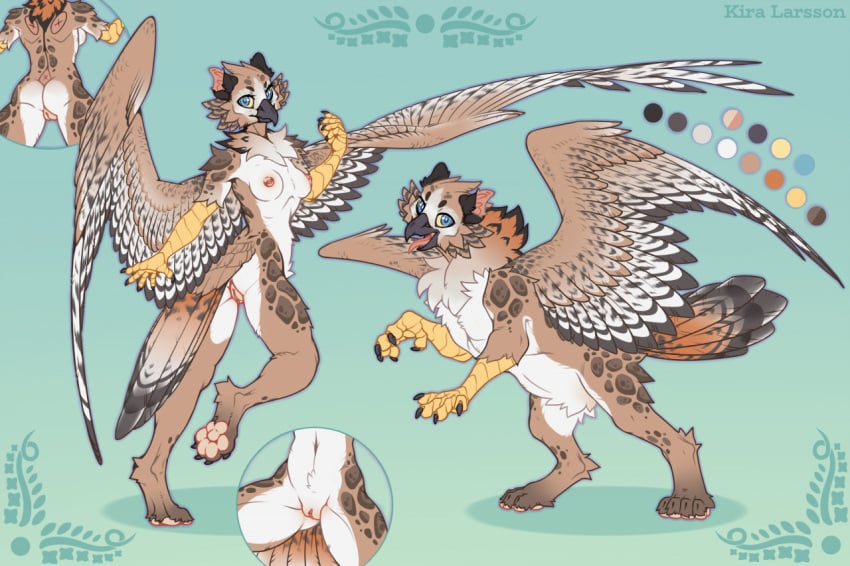 anthro avian female female_feral feral forearms genitals gryphon kira_larsson looking_at_viewer mythological_avian mythological_creature mythology open_mouth open_smile pawpads pussy scaled_forearms scales smile solo tongue tongue_out wings