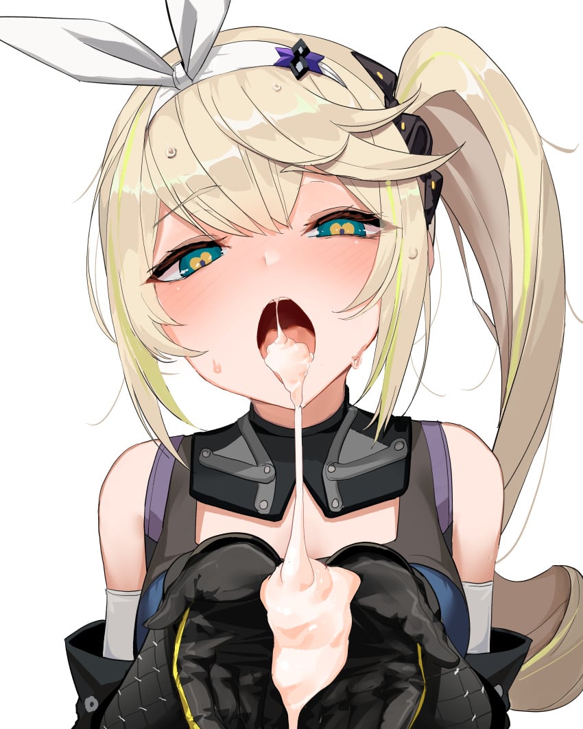 absurdres bare_shoulders black_gloves black_scrunchie blonde_hair blue_eyes blush breasts commentary_request cum cum_in_mouth cum_on_body cum_on_hands cum_pool female girls'_frontline girls'_frontline_2:_exilium gloves hair_ornament hair_scrunchie hairband head_tilt heart heart-shaped_pupils highres long_hair looking_at_viewer medium_breasts multicolored_hair narrowed_eyes open_mouth scrunchie sharkry sharkry_(girls'_frontline_2) side_ponytail simple_background solo streaked_hair sweat symbol-shaped_pupils white_background white_hairband yanagui_yugi yellow_pupils