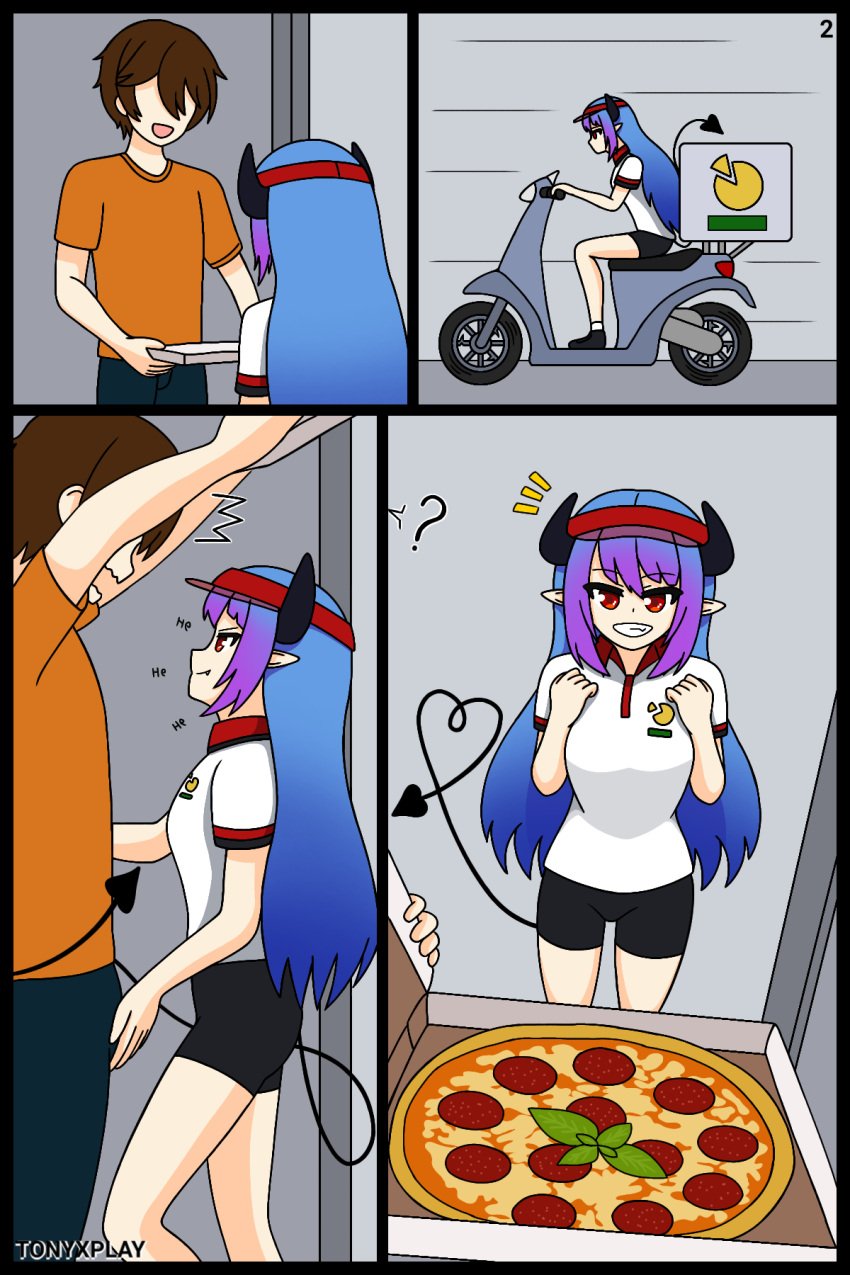 1boy 1boy1girl 1girls blue_hair comic comic_page comic_panel demon demon_girl demon_horns demon_tail double_color_hair eating flirting hand_on_penis mikanory_sucubo original_character pizza pizza_box purple_hair red_eyes shorts succubus succubus_horns succubus_tail t-shirt tony_x_play tonyxplay