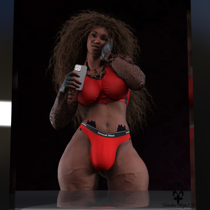 1futa 3d 3d_(artwork) big_bulge bulge curly_hair dark-skinned_futanari dark_skin futa_only futanari long_hair muscular muscular_futanari selfie smartphone solo solo_futa sports_bra valentine_mafia3d