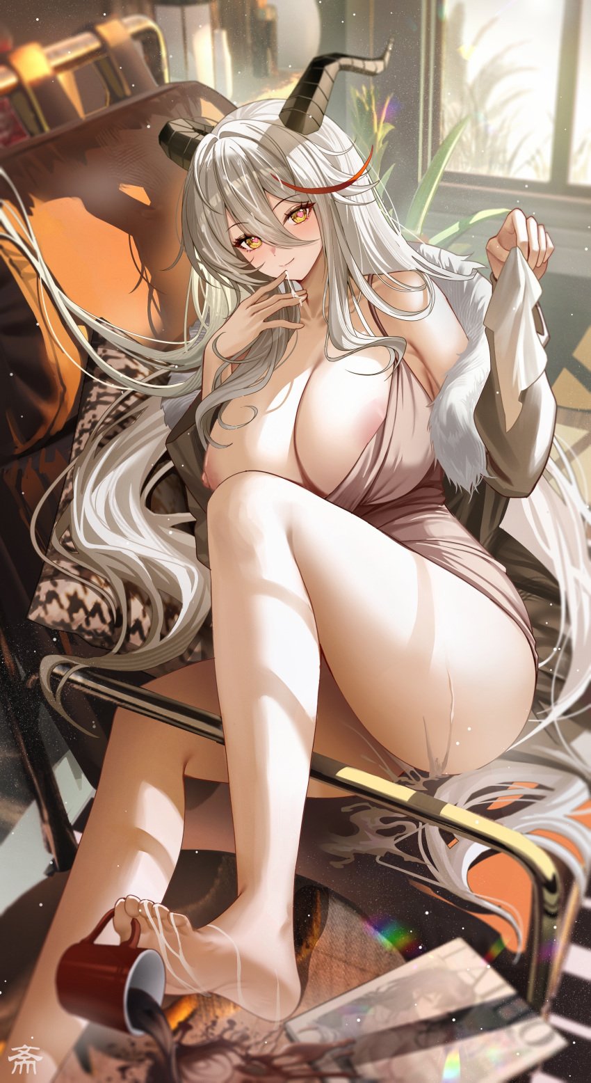 absurdres aegir_(azur_lane) aegir_(one-on-one_leisure_time)_(azur_lane) areola_slip azur_lane bare_shoulders barefoot black_horns blush breasts cleavage closed_mouth coffee cum cup feet female hair_between_eyes heart heart-shaped_pupils highres horns indoors large_breasts long_hair manjuu_(azur_lane) multicolored_hair nipples off_shoulder official_alternate_costume red_hair sitting smile solo streaked_hair symbol-shaped_pupils tansuan_(ensj3875) thighs white_hair yellow_eyes