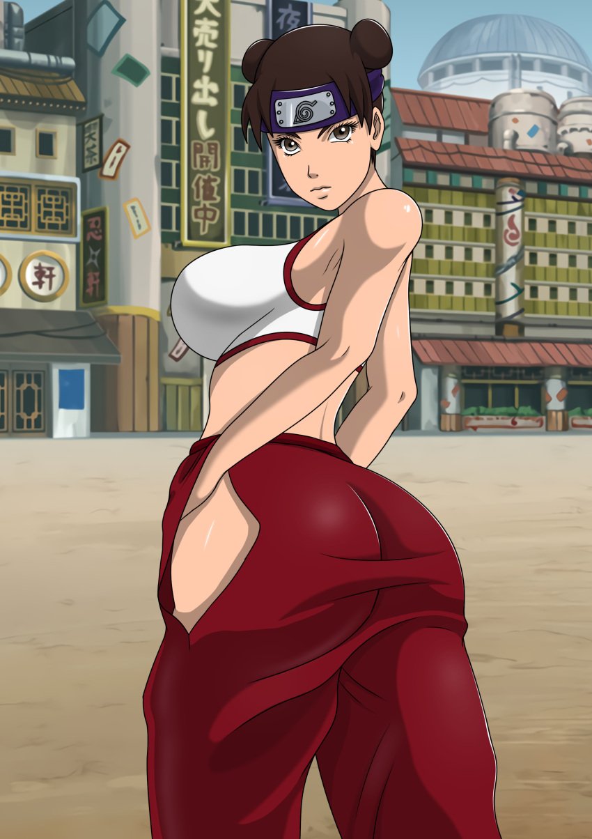 1girls absurdres ass blue_headband breasts brown_hair crop_top double_bun female forehead_protector guja hair_bun headband highres huge_ass konohagakure_symbol lips naruto naruto_(series) naruto_shippuden no_panties pinup purple_headband revealing_clothes skimpy_clothes solo tagme tank_top tenten upper_body