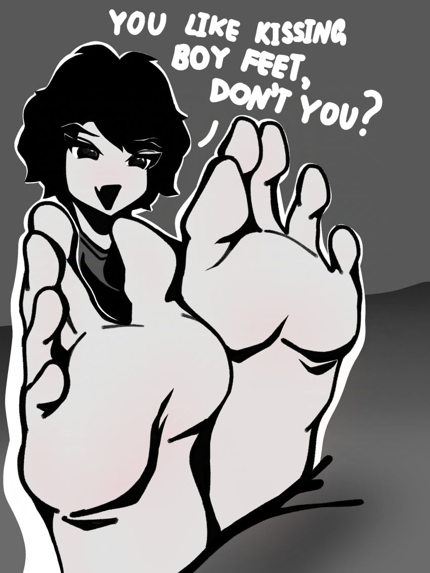 androgynous barefoot black_hair clothed colored feet femboy feminine_male foot_fetish foot_focus greek_toe highres long_toes looking_at_another male mischievous_smile oc original_character otoko_no_ko pale_skin peacematoru playful_smile pretty_boy simple_shading soles teasing text toes twink yaoi