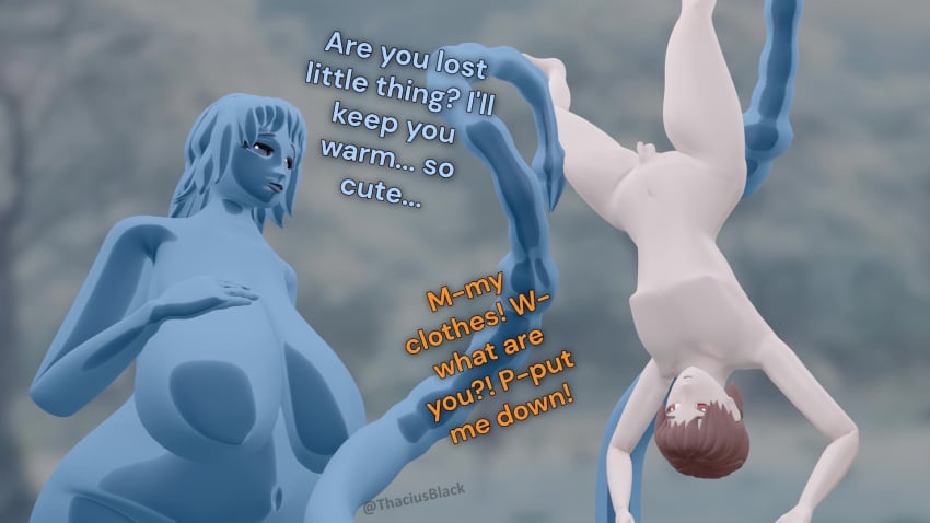 3d 3d_(artwork) 3d_model azilith(thaciusblack) blue_body blue_eyes blue_hair blue_skin brown_eyes femboy freckles imminent_rape imminent_sex male male_focus male_only outside red_hair size_difference slime slime_girl slime_monster snow thacai(thaciusblack) thaciusblack winter