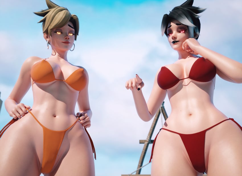 2girls 3d alexavlewd beach bikini black_hair blizzard_entertainment blonde_hair british_female glowing_eyes golden_eyes hi_res huge_breasts inminent_sex lena_oxton light-skinned_female looking_at_viewer nipple_bulge overwatch overwatch_2 red_eyes short_hair sxnsfwtgirl tagme thick_thighs tracer voluptuous_female wet_body