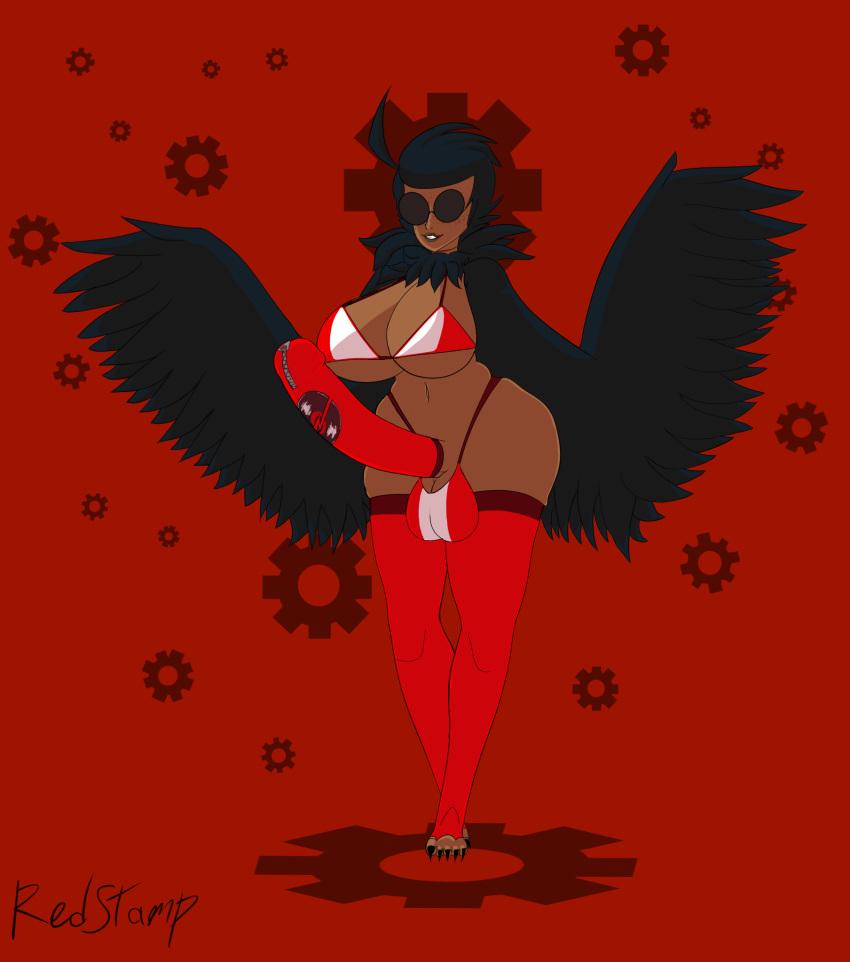 1futa akiva balls black_hair black_lipstick bra breasts dark-skinned_futanari dark_skin dave_strider feathers freckles futa_only futanari homestuck huge_cock ms_paint_adventures panties penis red_background rule_63 short_hair smile solo standing stockings sunglasses thick_thighs wide_hips wings