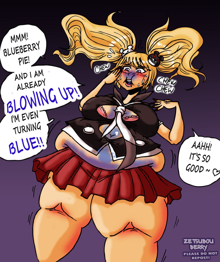 1girls belly_button belly_expansion blonde_hair blue_eyes blueberry_inflation blush bra breast_expansion breasts cheeks_full clothes_ripping danganronpa drooling eating hairclip junko_enoshima sequence skin_turning_blue skirt speech_bubble sweat tagme thick_thighs thigh_expansion thighs tie