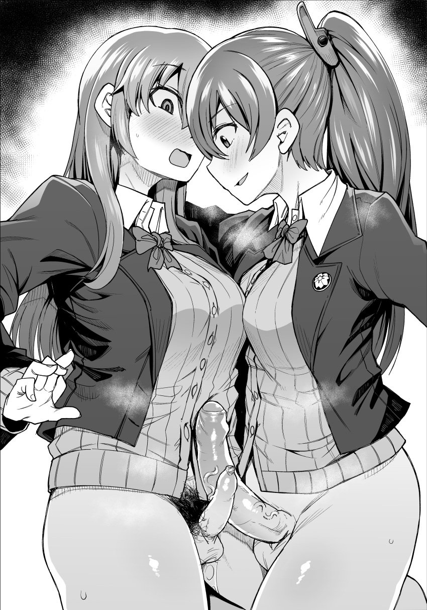 2futas absurd_res balls ballsack blush bottomless breasts clothed clothing edit erection foreskin frottage full-package_futanari futa_only futa_with_futa futanari greyscale highres human intact kaauchi kantai_collection kumano_(kantai_collection) long_foreskin long_hair moderate_pubic_hair monochrome partially_clothed partially_retracted_foreskin penis penis_size_comparison penis_size_difference penises_touching ponytail pubic_hair pussy_juice scrotum shaved_crotch small_penis small_penis_humiliation smooth_penis suzuya_(kantai_collection) testicles uncensored uncut unretracted_foreskin veiny_penis white_background wide_eyed