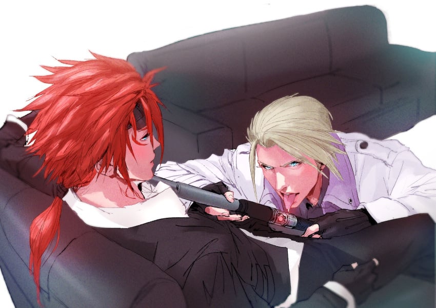 2boys between_legs blonde_hair blonde_hair_male blue_eyes boss_and_subordinate final_fantasy final_fantasy_vii fingerless_gloves highres imminent_oral looking_at_partner looking_up male male/male maledom malesub multiple_boys on_couch red_hair red_hair_top reno reno_(ff7) rufus_shinra sitting_between_legs tongue tongue_out yaoi