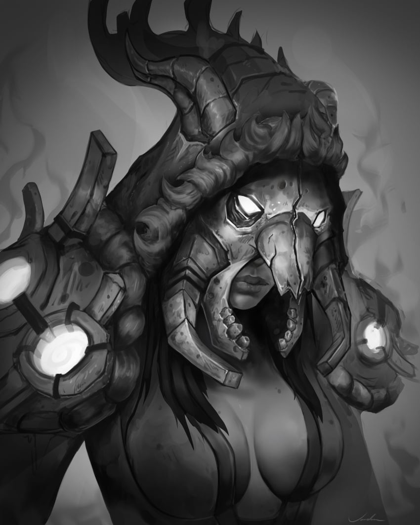 1girls 2d 2d_(artwork) armor black_and_white blizzard_entertainment breasts cleavage clothed digital_art digital_drawing_(artwork) digital_media_(artwork) draenei draenei_female draenei_shaman fanart female frost_witch's_regalia helmet hi_res shaman shaman_(warcraft) shoulder_pads tribal warcraft world_of_warcraft wow